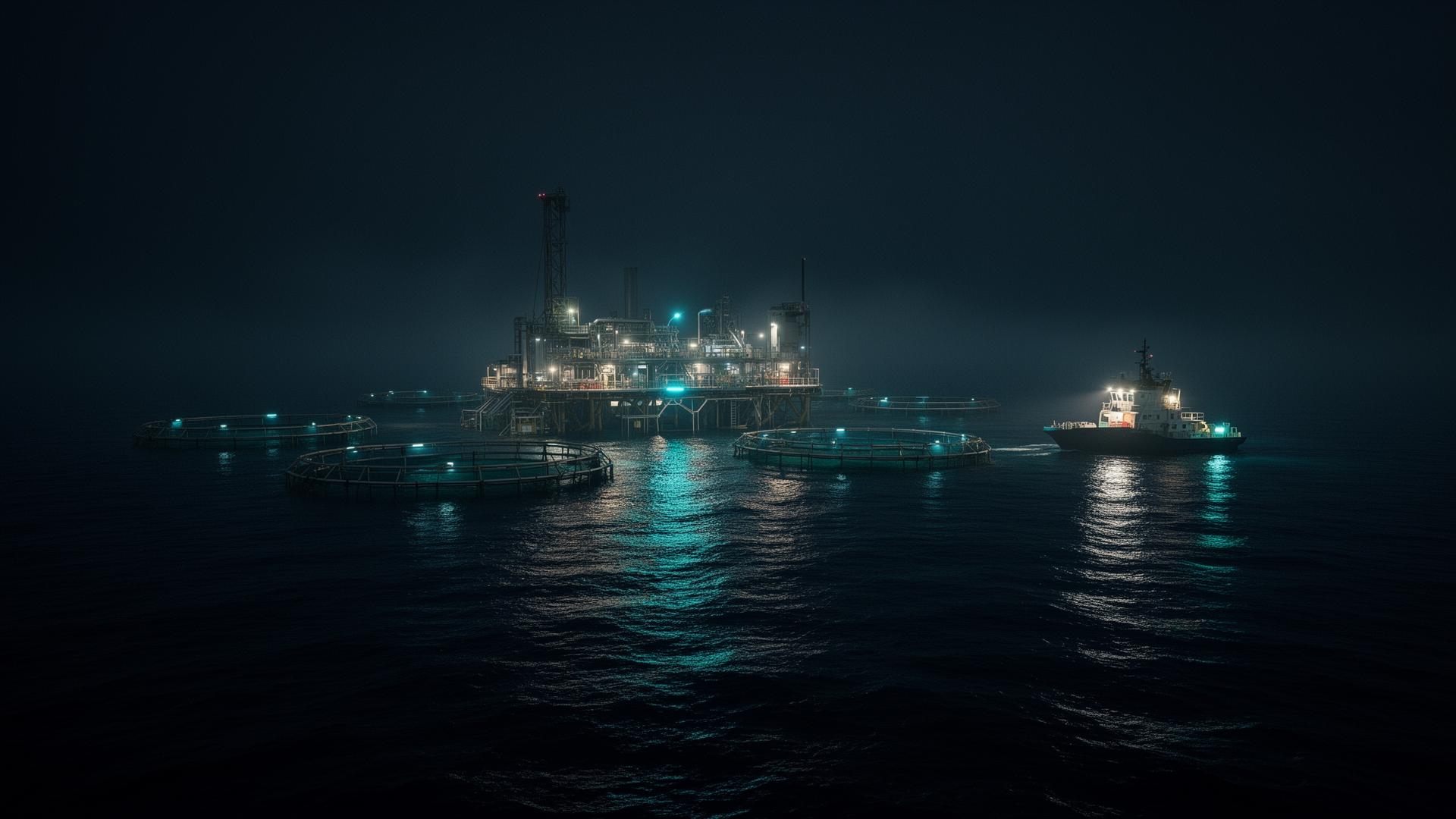 Offshore aquaculture facility at night