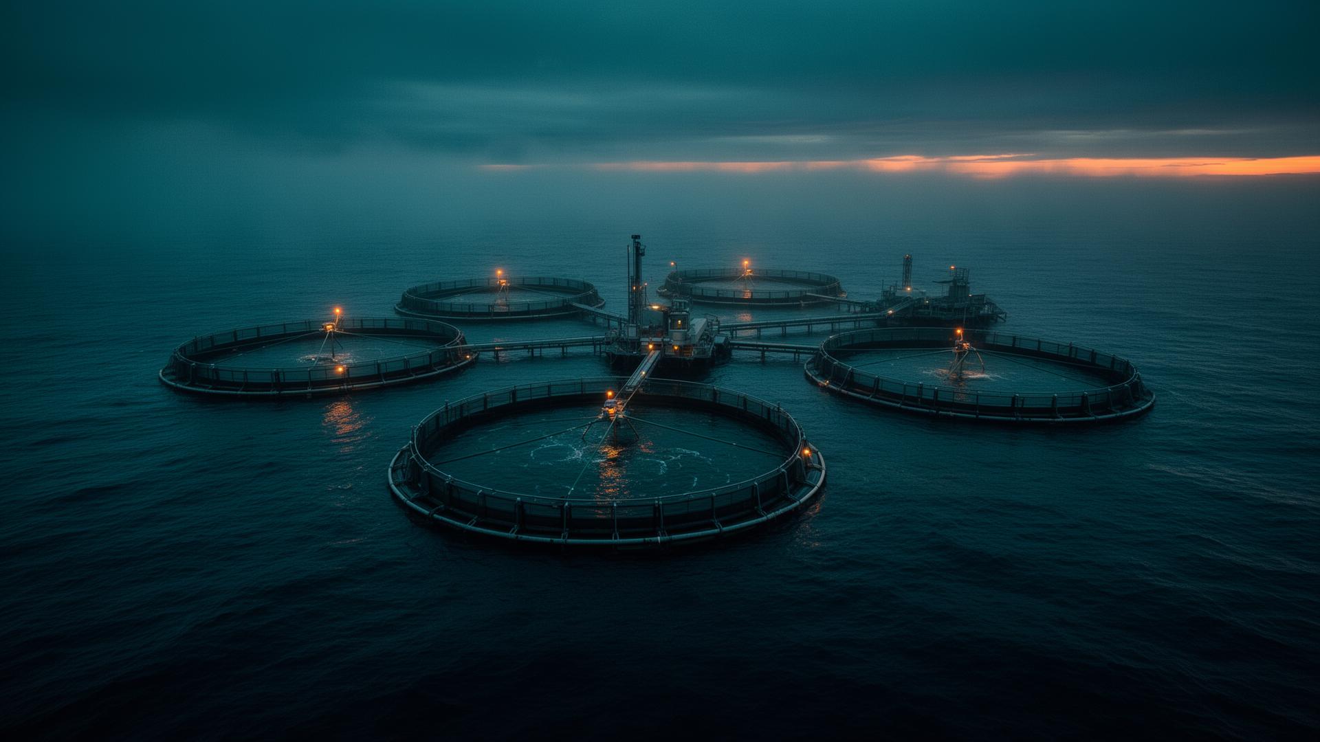 Offshore aquaculture facility at dusk